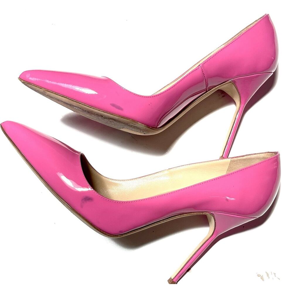 Manolo Blahnik 39 1/2 NEON HOT pink Patented Leather pump heel STICK HEEL